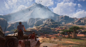 Nathan Drake standing in a jeep overlooking a vast mountain landscape in Uncharted 4: A Thief’s End.