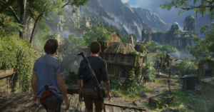 Nathan and Sam Drake overlooking an abandoned jungle city in Uncharted 4: A Thief’s End.