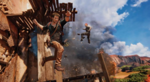 Nathan Drake jumping from a collapsing building during an explosion in Uncharted 4: A Thief’s End.