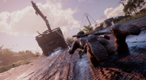 Nathan Drake being dragged behind a truck during an intense chase scene in Uncharted 4: A Thief’s End.