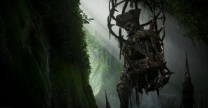 Skeleton of a pirate suspended in a spiked cage deep inside a jungle cave in Uncharted 4: A Thief’s End.