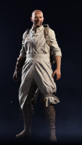 Character model of a Raider from ARC Raiders wearing tactical gear and a long protective apron.