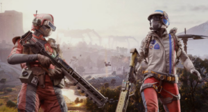 Two Raiders in ARC Raiders wearing helmets and tactical gear while holding futuristic weapons in an outdoor environment.