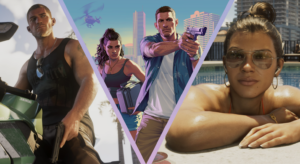 Grand Theft Auto VI collage featuring multiple characters, including armed protagonists and a woman relaxing poolside in Vice City.
