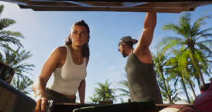 Two characters looking into an open car trunk in a tropical setting with palm trees, one holding a pistol under bright sunlight.