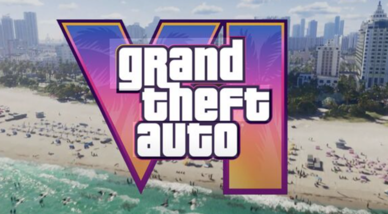 Grand Theft Auto VI logo over a sunny beach city skyline with palm trees and ocean waves.
