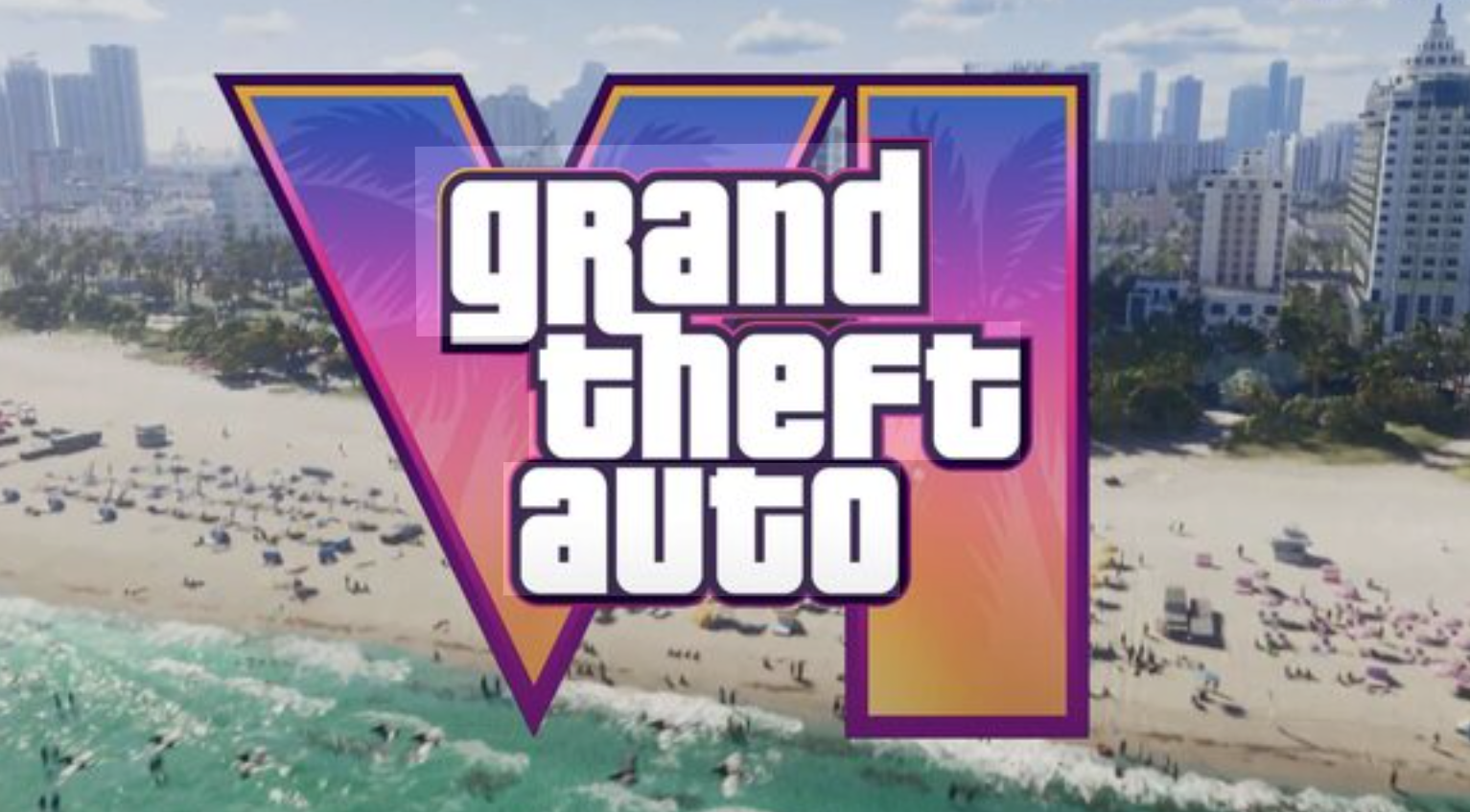 Grand Theft Auto VI logo over a sunny beach city skyline with palm trees and ocean waves.