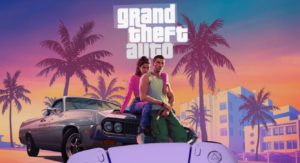 Grand Theft Auto VI promotional artwork showing two protagonists sitting on a car with palm trees and a sunset city backdrop.
