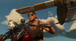 Grand Theft Auto VI scene of a man riding a motorcycle with a seaplane flying overhead in a tropical setting.