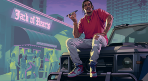 Grand Theft Auto VI artwork showing a man sitting on a G-Wagon outside a neon-lit nightclub in Vice City.