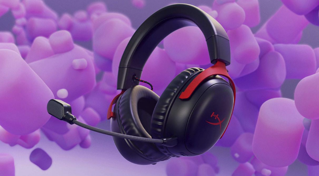 HyperX gaming headset with boom microphone against a purple abstract background.