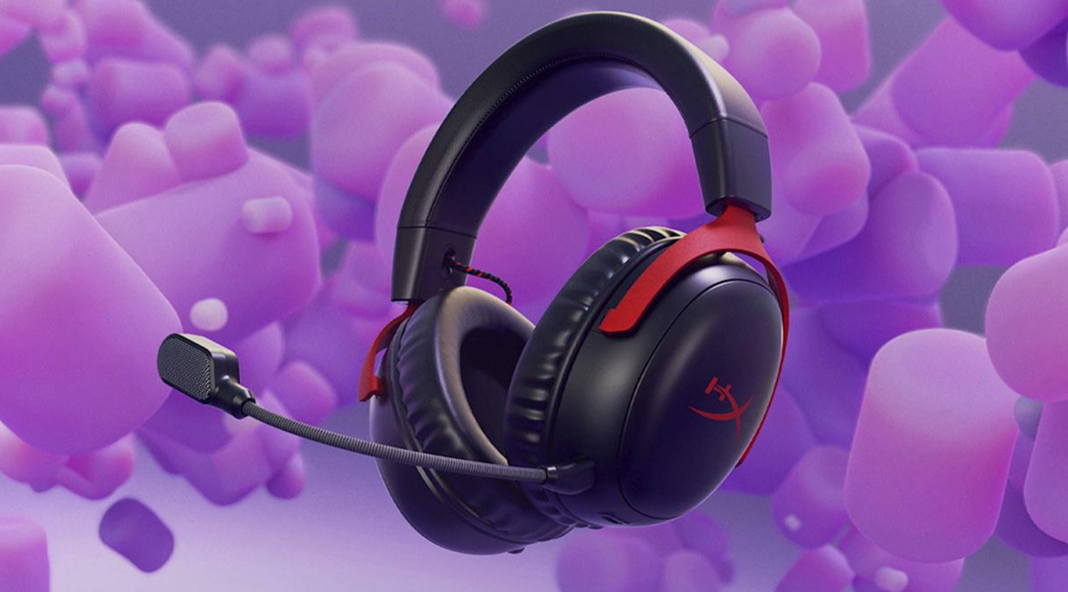 HyperX gaming headset with boom microphone against a purple abstract background.