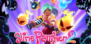 Slime Rancher 2 key art featuring Beatrix LeBeau using a vacpack while colorful slimes float around her.