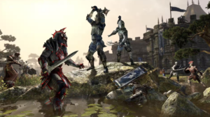 The Elder Scrolls Online battle scene with armored warriors fighting near a castle fortress.