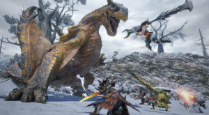 Monster Hunter Rise gameplay showing hunters battling a large wyvern in a snowy environment.
