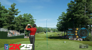 PGA 2K25 gameplay screenshot showing golfer Tiger Woods teeing off with perfect swing metrics displayed on screen.