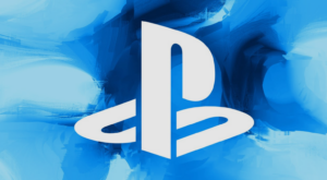 PlayStation logo on blue abstract background.