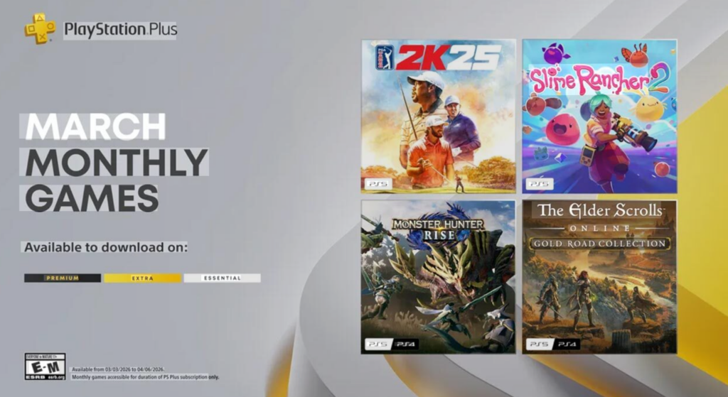 PlayStation Plus March monthly games featuring PGA 2K25, Slime Rancher 2, Monster Hunter Rise, and The Elder Scrolls Online.