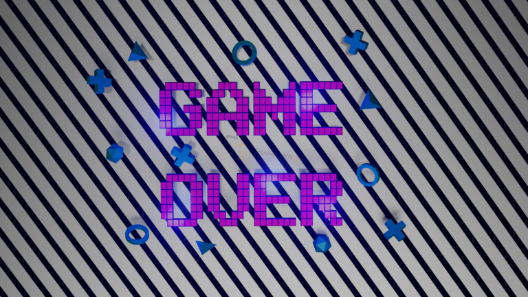 Pixel-style "Game Over" text with PlayStation button icons on a diagonal striped background.