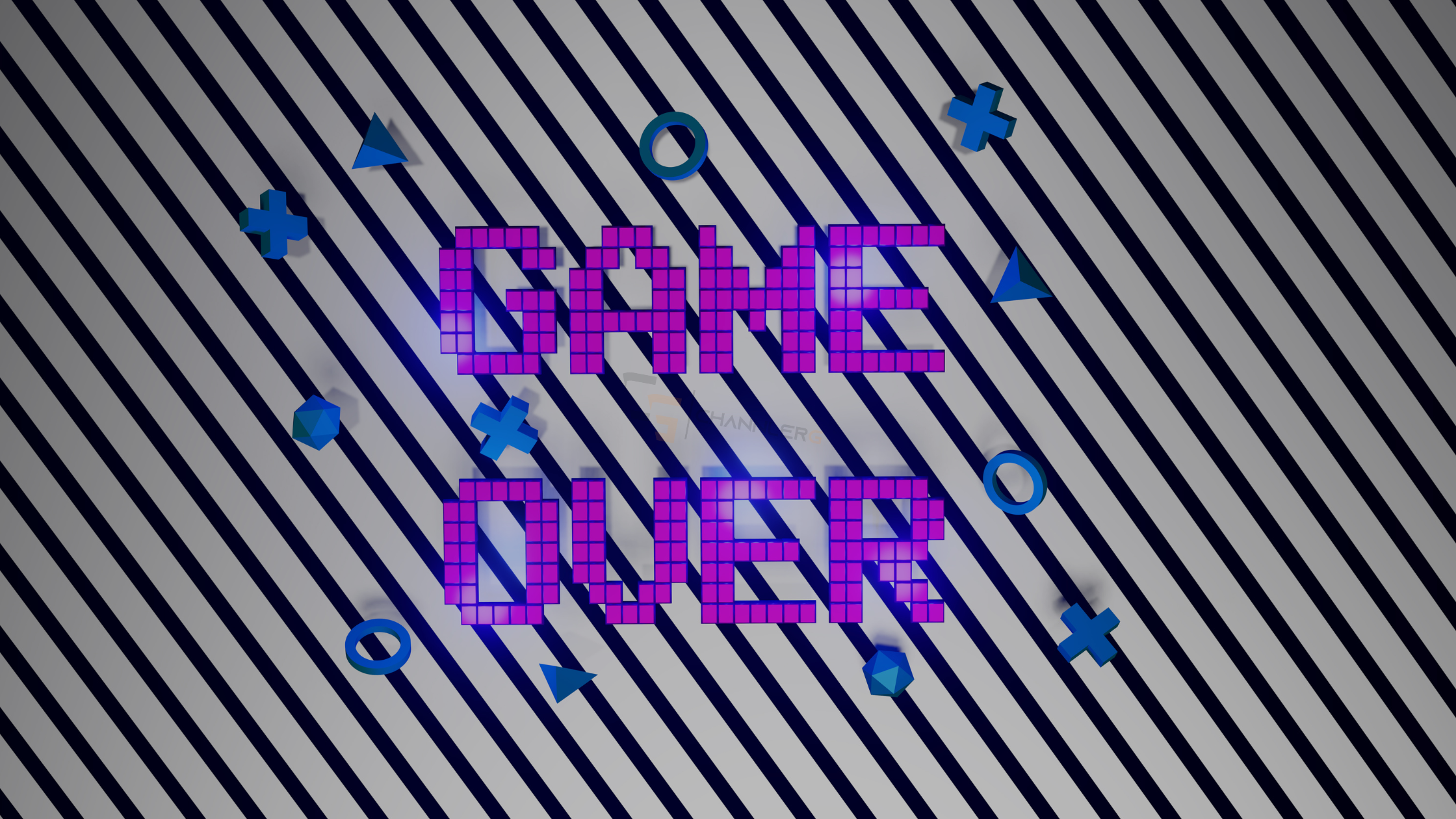 Pixel-style "Game Over" text with PlayStation button icons on a diagonal striped background.