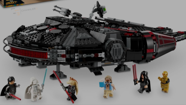 LEGO Star Wars Dark Falcon spacecraft with included minifigures displayed in front.