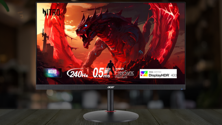 Acer Nitro gaming monitor displaying a fantasy game scene with 240Hz refresh rate and 0.5ms response time.