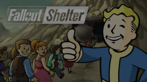 Fallout Shelter artwork showing Vault Boy giving a thumbs up as families enter a vault door in a mountainside.