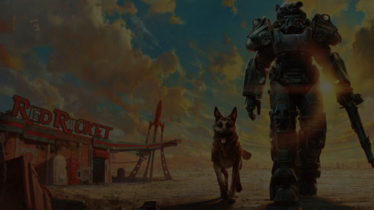 Power armor survivor walking with a German Shepherd past a Red Rocket gas station in a post-apocalyptic desert at sunset.
