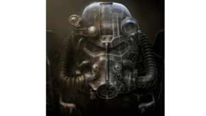 Close-up of a Fallout power armor helmet with a half wireframe overlay showing internal design details.