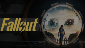 Vault 33 dweller walking out of a vault door into a post-apocalyptic wasteland with ruined buildings and a ferris wheel in the distance.
