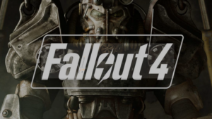 Fallout 4 logo over close-up of power armor suit with weathered metal plating and mechanical details.