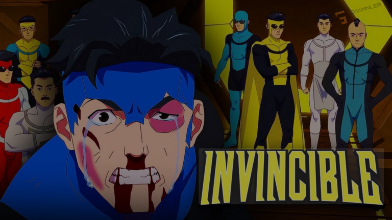 Injured blue-suited superhero with blood and bruises on his face standing in front of a group of costumed heroes, with “Invincible” title on screen.