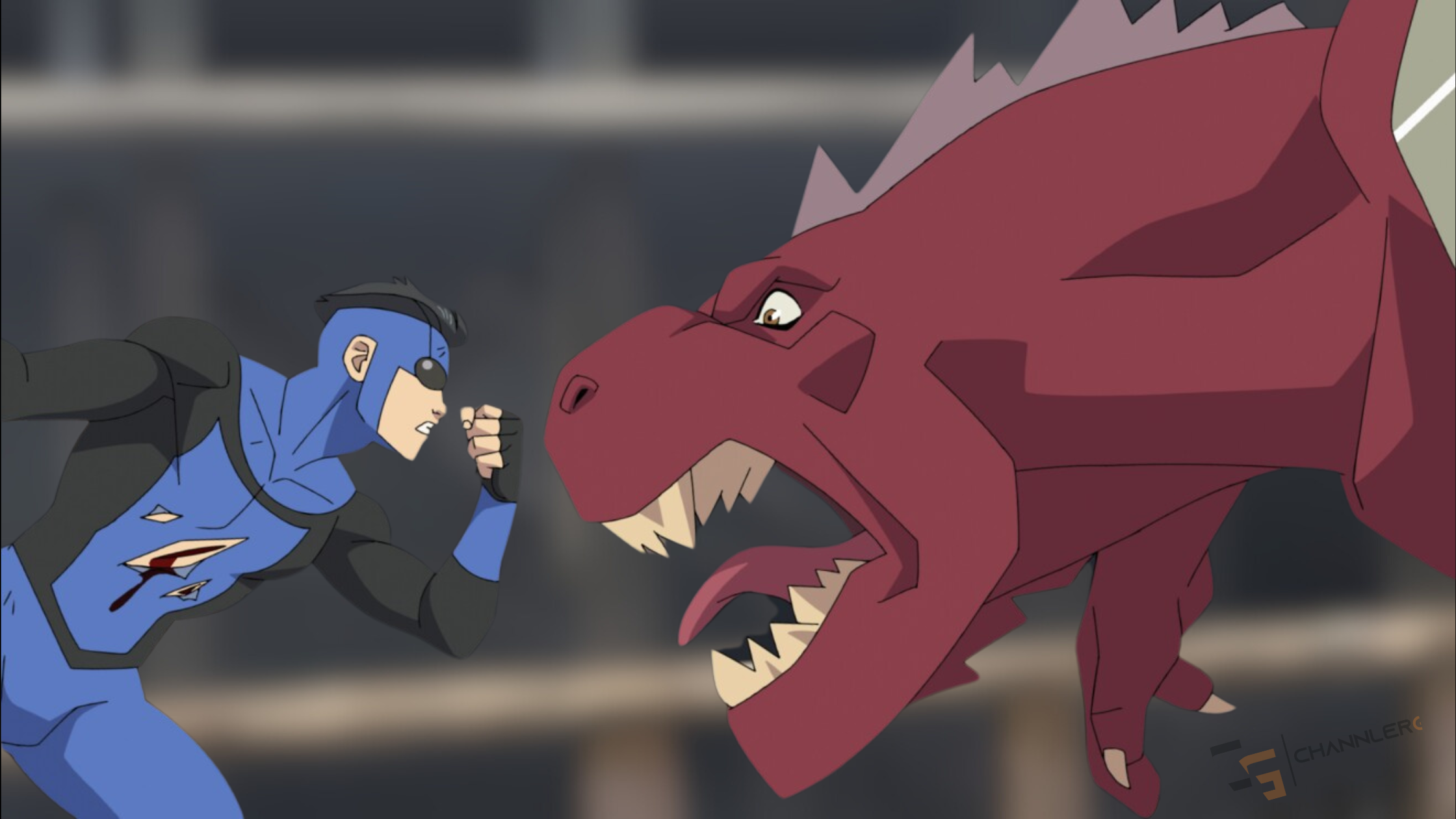 Animated superhero Invincible in a blue suit confronting a large red dragon mid-battle in an action scene.