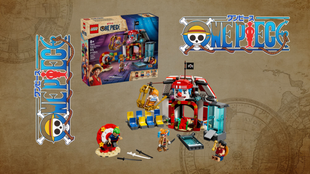 LEGO One Piece Buggy set box displayed over a colorful pile of LEGO bricks with One Piece logos around the edges.