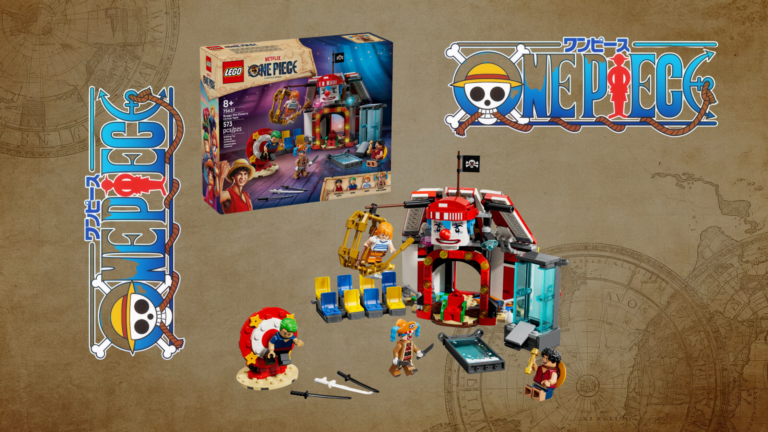 LEGO One Piece Buggy set box displayed over a colorful pile of LEGO bricks with One Piece logos around the edges.