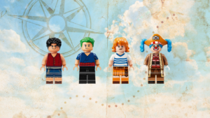 LEGO-style One Piece characters including Luffy, Zoro, Nami, and Buggy displayed against a vintage map background.