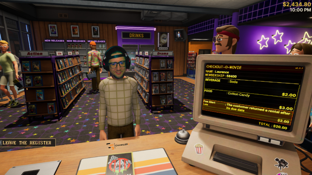 First-person view inside a retro video rental store game showing a checkout counter, customer avatar, and VHS shelves.