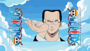 Kuro from One Piece adjusting his glasses with a serious expression, framed by One Piece logos on both sides against a stylized sky background.