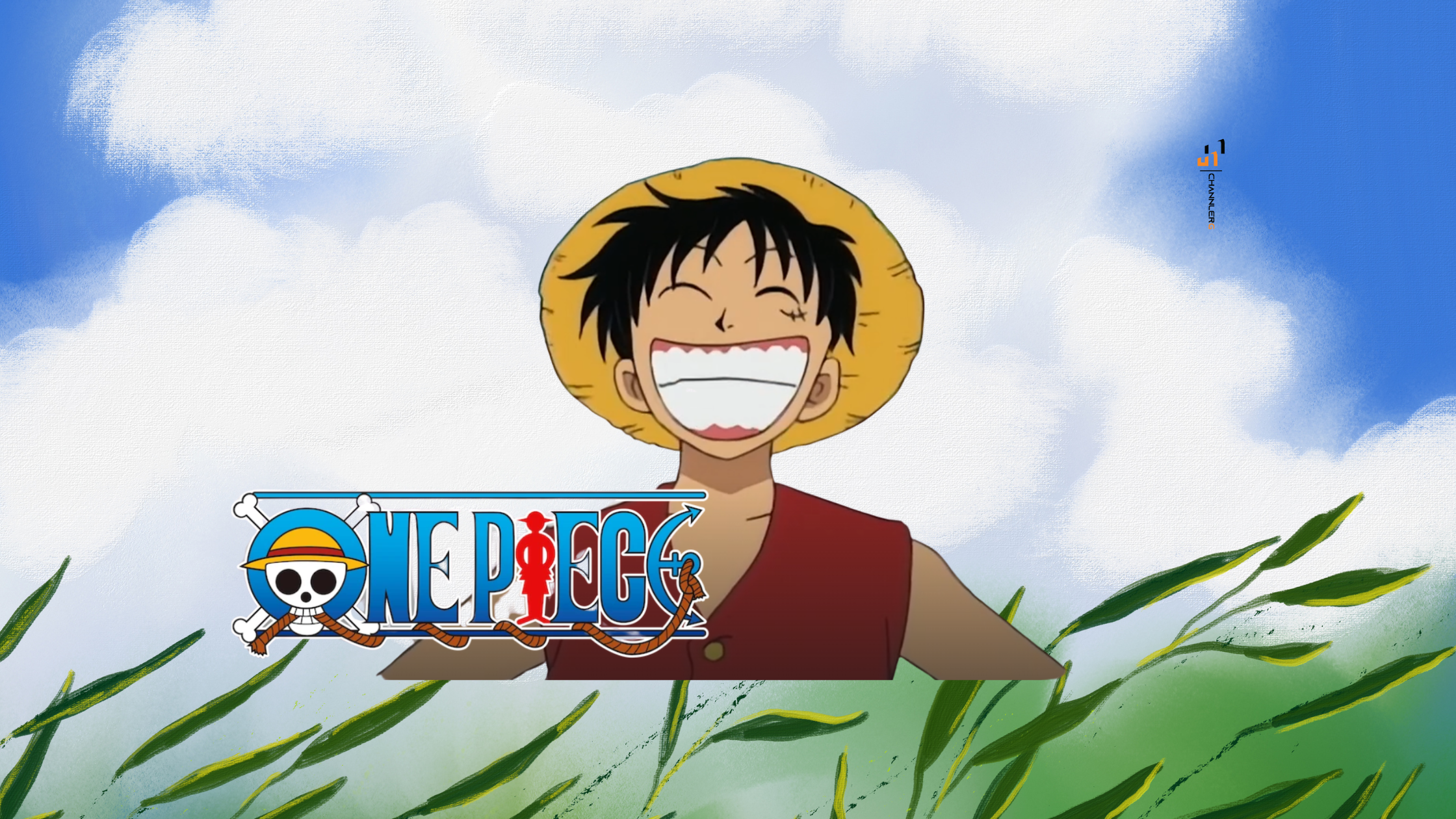 Monkey D. Luffy smiling widely in a grassy field with the One Piece logo in the foreground.