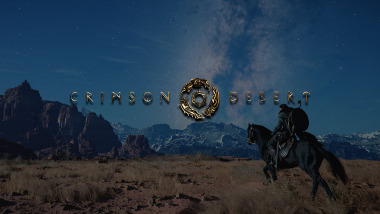 Crimson Desert gameplay showing a mounted warrior riding through a desert landscape under a star-filled night sky.