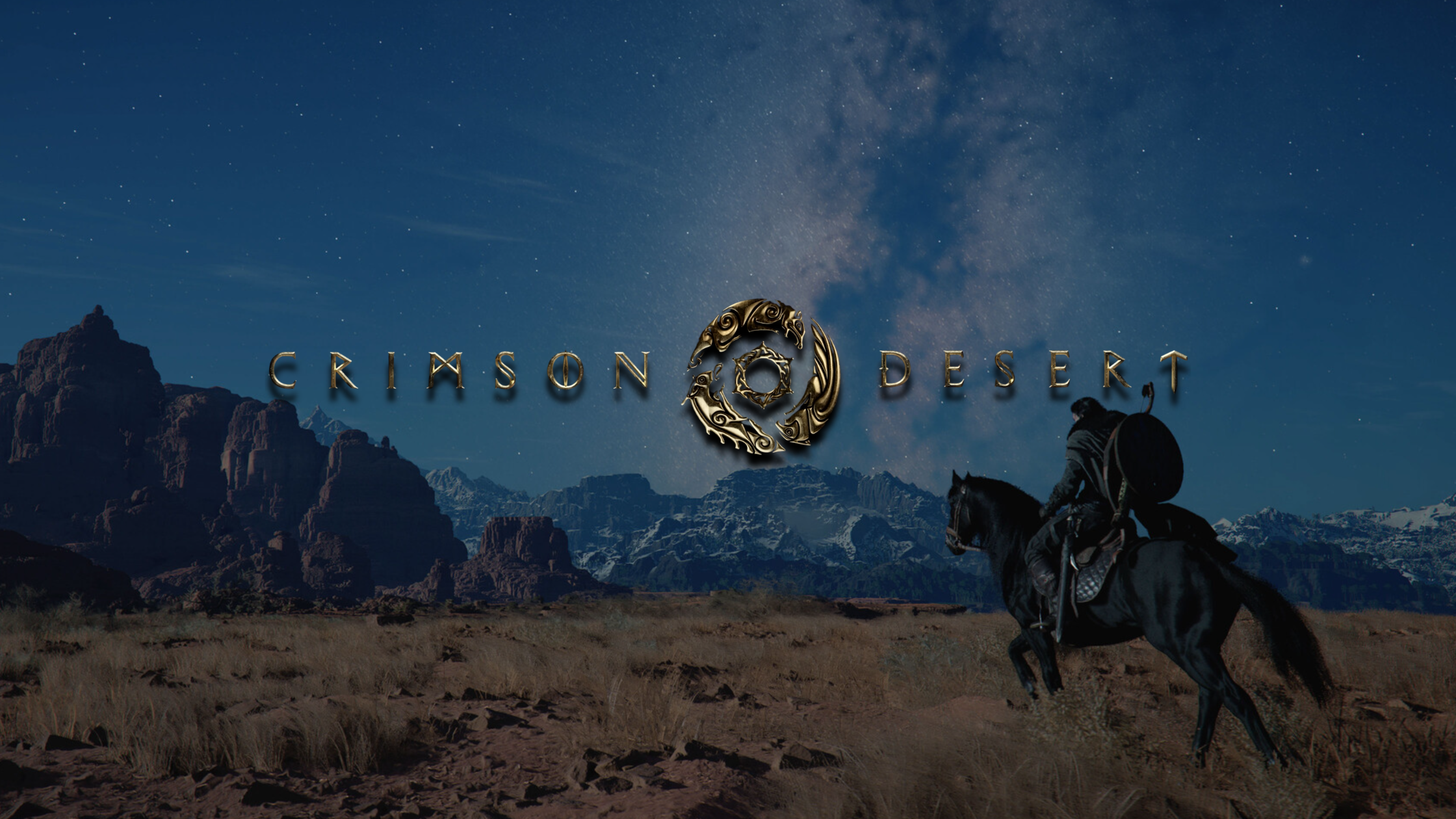 Crimson Desert gameplay showing a mounted warrior riding through a desert landscape under a star-filled night sky.