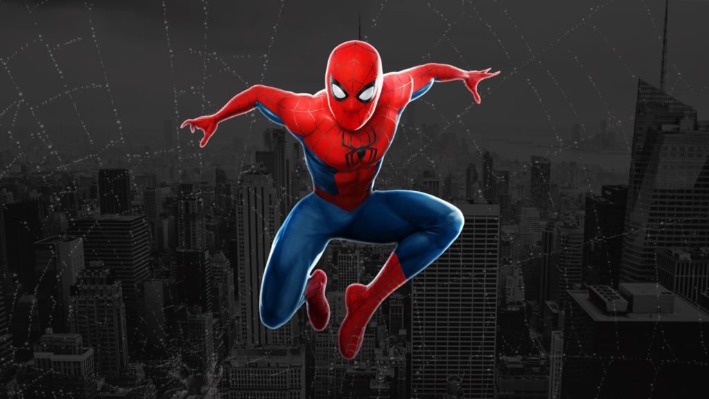 Spider-Man jumping forward in a dynamic pose above a city skyline with web patterns in the background.