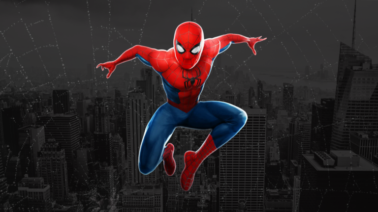 Spider-Man jumping forward in a dynamic pose above a city skyline with web patterns in the background.