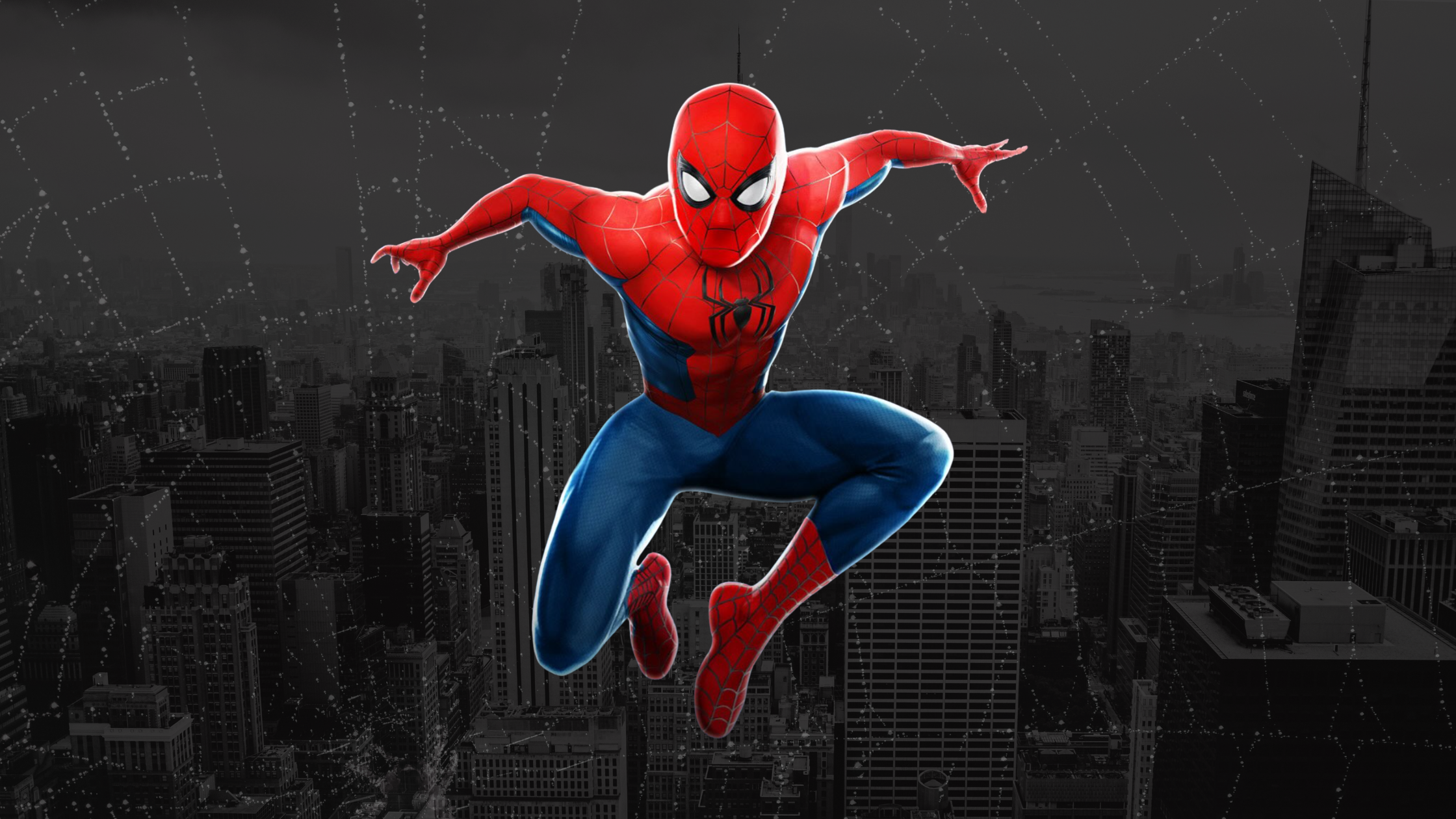 Spider-Man jumping forward in a dynamic pose above a city skyline with web patterns in the background.
