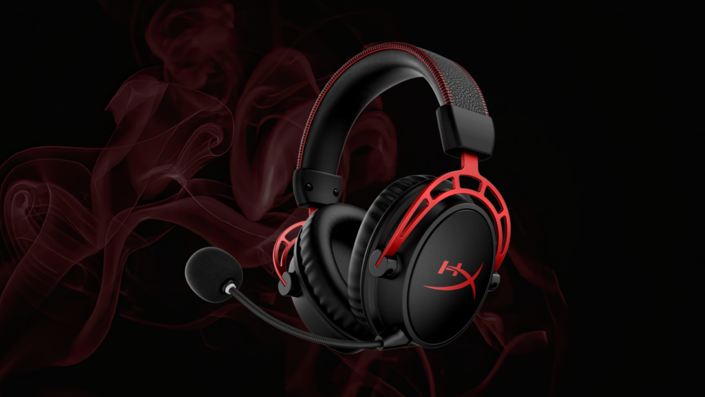 HyperX gaming headset with red accents and boom microphone against a black background with red smoke effects.