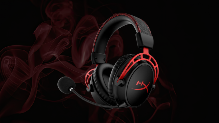 HyperX gaming headset with red accents and boom microphone against a black background with red smoke effects.