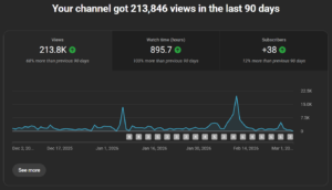 YouTube Studio analytics showing 213,846 views, 895.7 watch hours, and 38 new subscribers in 90 days.