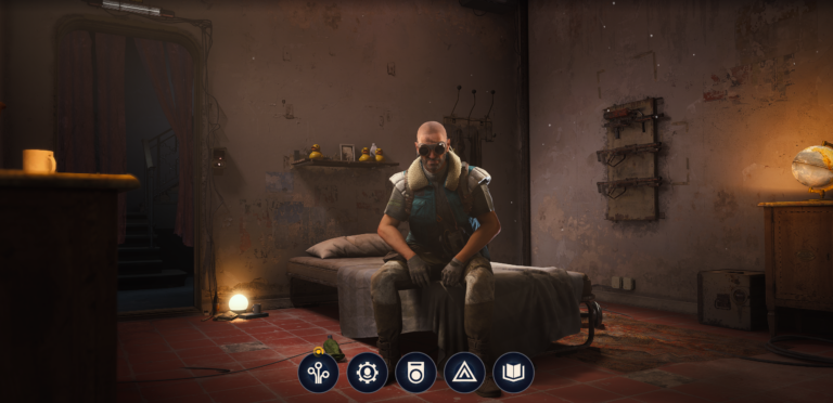 ARC Raiders character sitting on a bed inside a worn safehouse with weapons mounted on the wall.