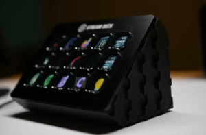 Elgato Stream Deck MK.2 with customizable LCD keys in a close-up angled view.