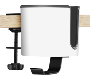 Clamp-on desk cup holder with built-in headphone hook mounted to a wooden desk.